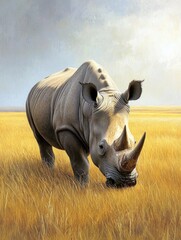 Obraz premium A majestic African rhino grazing in the savannah, with vast grasslands stretching out behind it.