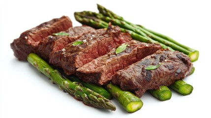 Fototapeta premium A grilled and seasoned filet mignon with roasted asparagus, a hearty and flavorful dinner choice.