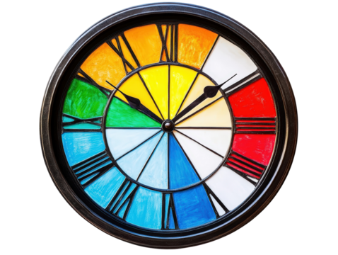 Isolated Rainbow Stained Glass Clock with Roman Numerals