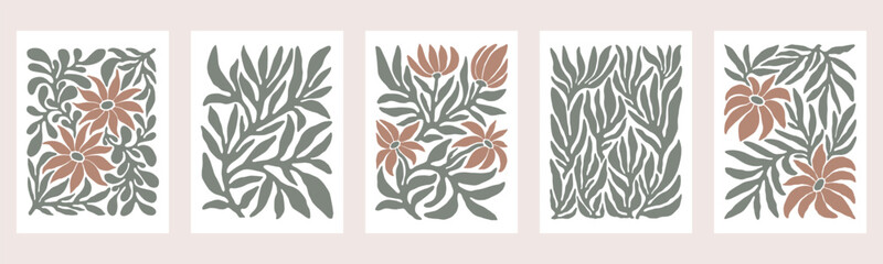 Contemporary Matisse inspired art background vector. Abstract botanical hand drawn posters design with flowers, leaves and branches. Simple modern style illustrated design for print, cover and card.