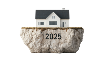 modern house sits atop rocky cliff with year 2025 engraved below