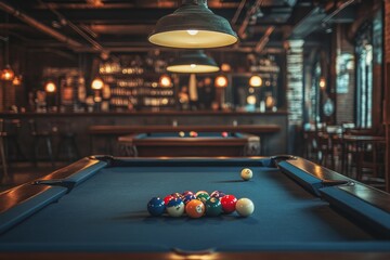 Stylish interior of a pool hall with billiard table and warm lighting