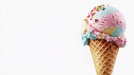 A colorful scoop of ice cream in a waffle cone, isolated on a white background with ample copy space.