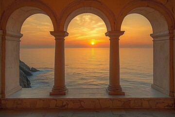 Serene sunset view through architectural arches overlooking the ocean