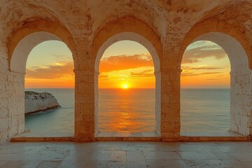 Sunset view through arched windows overlooking the ocean with colorful sky