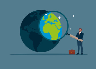 Investor holding a magnifying glass analyzing continent of Europe and Africa, planet earth. Global business expansion, open company branches. Modern vector illustration in flat style