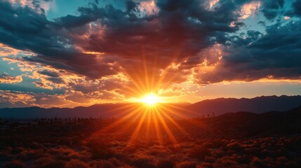 Obraz premium Colorful sunset in desert landscape with mountains, silhouetted against a cloudy sky. Perfect for vacations or nature photography.