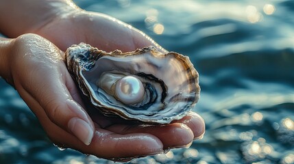 A freshly caught oyster with a gleaming pearl nestled inside, held by wet hands against a blurred marine backdrop.
