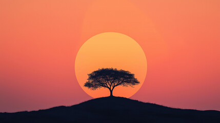 Solitary Tree at Sunset:  A solitary tree stands tall against a vibrant sunset, its silhouette a powerful symbol of resilience and hope against a backdrop of vibrant orange and pink hues.  