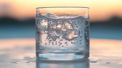 Sparkling water in glass at sunset.