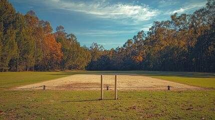 Cricket pitch with visible stumps and boundary ropes in view