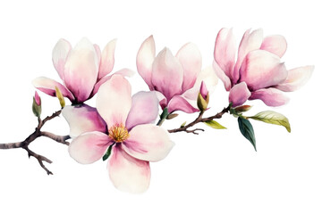 Magnolia flowers in watercolor illustration, spring blossom on transparent background