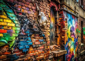 Urban Decay: Graffiti Art on a Crumbling Brick Wall - Documentary Photography Style