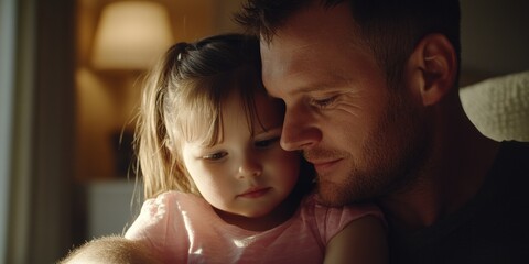 A man tenderly holding his young daughter in his arms, looking affectionately into her eyes, demonstrating a strong bond and care between parent and child.