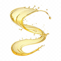 realistic 3d splash of liquid olive oil with many drops in curve style isolated on white background