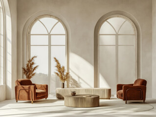 Modern interior with natural light and elegant brown seating