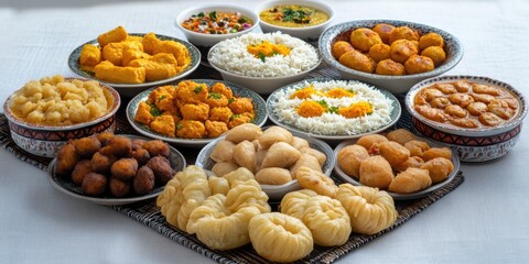A variety of Indian and Asian dishes served on a large circular platter, including both vegetarian and non-vegetarian options, reflecting the culinary diversity.