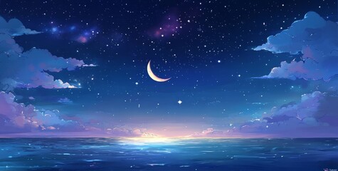 Crescent moon over tranquil ocean, starry night sky, sunrise, digital art