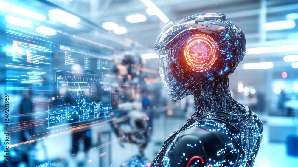 Poster futuristic humanoid robot engaged in data analysis in a high-tech laboratory setting