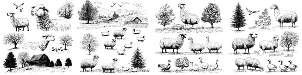 A hand-drawn illustration of a rural landscape with farm animals