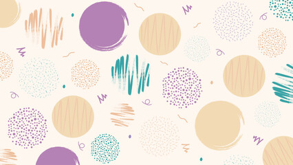 Abstract circle pattern featuring hand-drawn brush textures in beige, teal, and purple on a cream background. Perfect for packaging, stationery, or modern design projects.