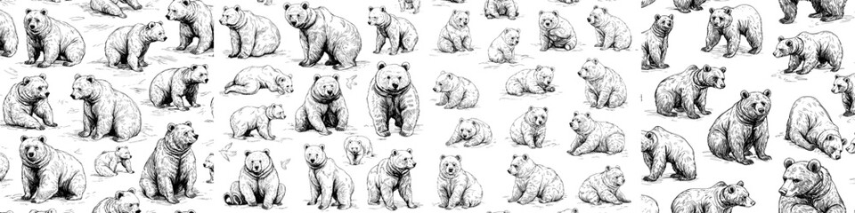 A modern seamless background featuring hand-drawn funny bears in a hipster stylish design