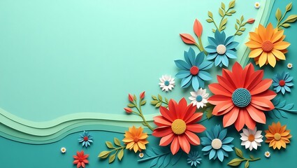 Obraz premium Vibrant floral digital illustration with a paper-cut style, featuring colorful flowers and leaves on a wavy, asymmetrical teal gradient background, creating depth and harmony.
