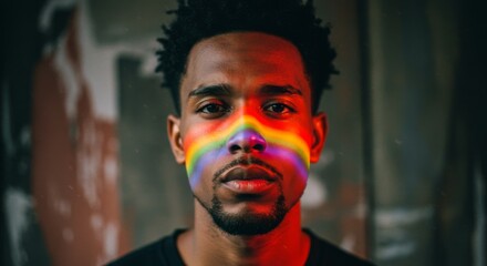 Man's face covered obstructed and surrounded by Colorful Rainbow, expressive pride lgbtq love concept