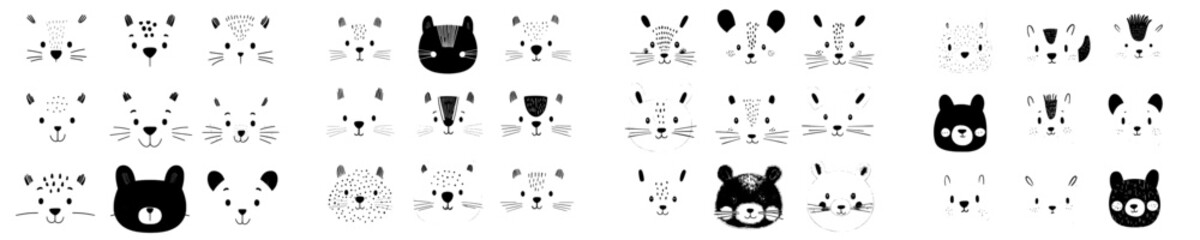 Obraz premium Cute animal hand-drawn faces set on a white background. Cartoon representations of a lion, giraffe, deer, koala, bear, cat, bunny, fox, raccoon, tiger, dog, and panda. Incorporating a Scandinavian