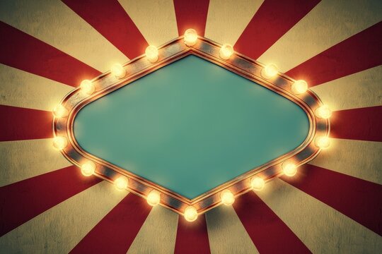 Retro marquee sign with glowing bulbs and vintage striped background perfect for custom text or branding