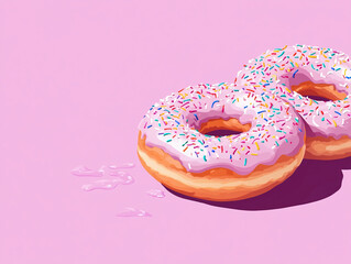 Pink frosted donuts with sprinkles on a light pink background. The donuts are visually appealing due to their vibrant colors and detailed illustration.