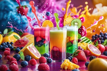 Colorful Mixed Juice Blast with Vibrant Fruit Explosions