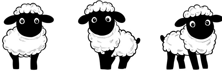A delightful bunch of hand-drawn, playful white and black sheep in diverse poses, grazing peacefully on farms, isolated on a transparent backdrop