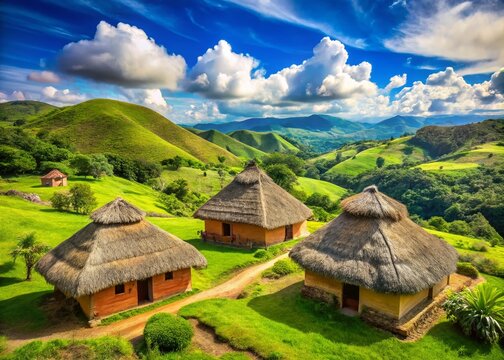 Venezuelan Gran Sabana: Traditional Pemon Thatched-Roof Houses in Scenic Landscape