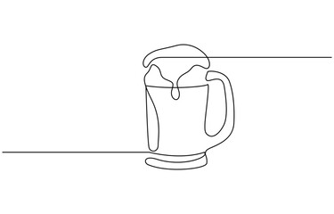 Continuous one line drawing of beer glass with foam craft barley alcohol drink in simple linear style, Continuous one line drawing of beer in a glass, outline style vector illustration.