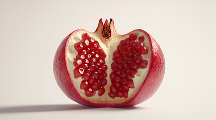 Halved pomegranate with juicy seeds and a textured rind shows its internal segments against a simple, clean background.