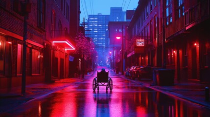 Mysterious Empty Street at Night with Neon Lights and Reflections