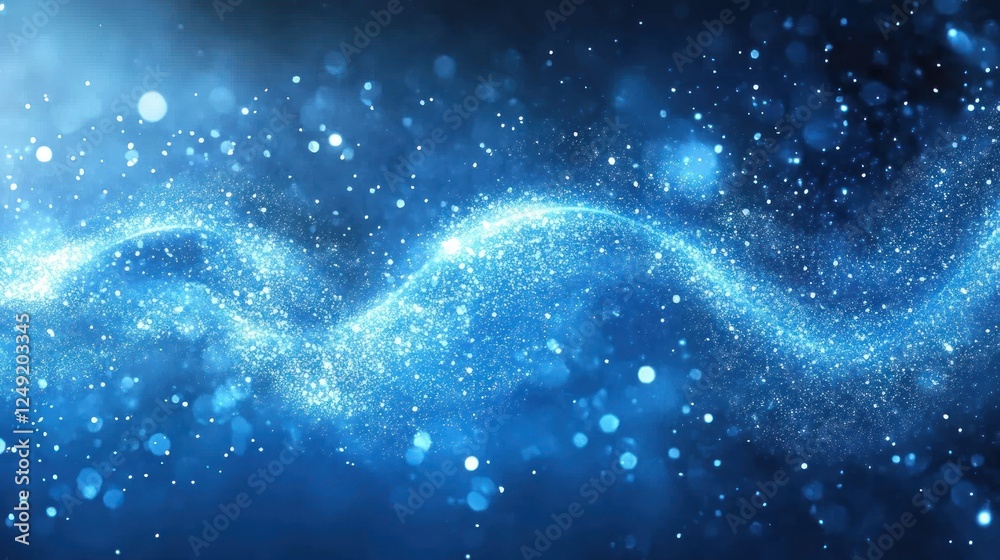Poster abstract blue wave of sparkling particles on dark background.