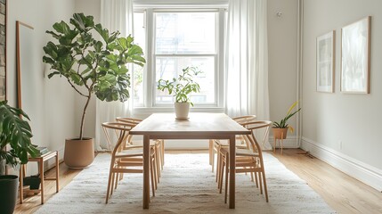 A bright dining space with Scandinavian influences, showcasing a simple oak table, wishbone chairs, and a potted fiddle-leaf fig tree