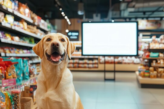 Digital billboard in modern pet store with happy Labrador retriever sitting near premium pet supplies
