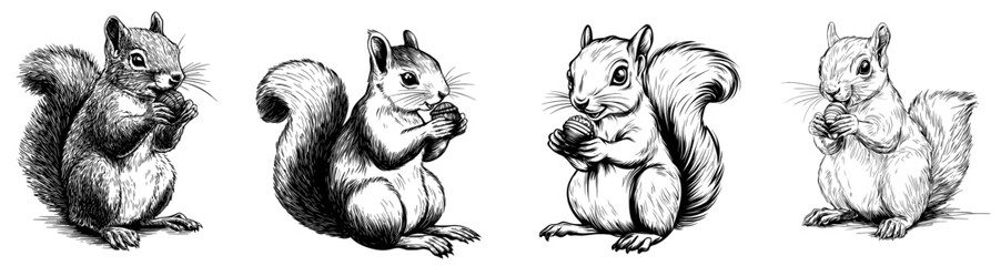 Vintage engraving of an isolated squirrel set illustration in ink sketch style. Forest background with animal silhouette art. Black and white hand-drawn modern image © Andrei