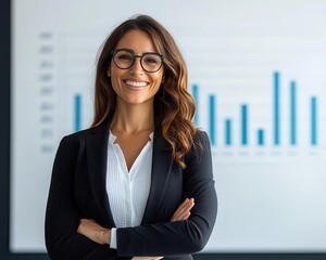 Confident businesswoman presenting a risk management strategy, explaining SWOT analysis to a corporate audience, strategic planning in business