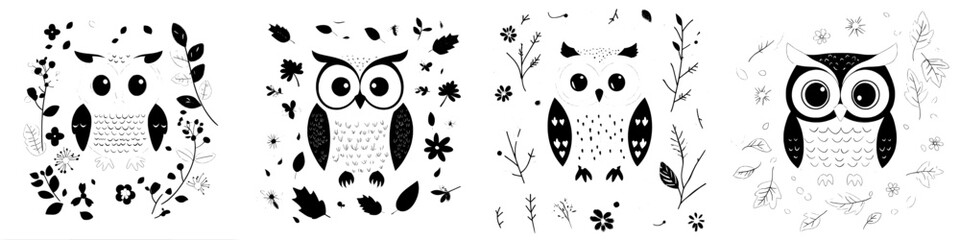 Cute owl in Scandinavian style amid autumn leaves. Welcome to the autumn season. Happy autumn background