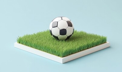 Soccer ball on grass patch, minimalist design, blue background, sports concept