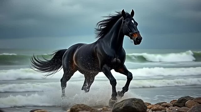 A black stallion gallops on the beach, while a white horse runs wild in the snow