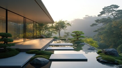 Fototapeta premium Serene Minimalist House with a Stunning Zen Garden Overlooking Misty Mountain