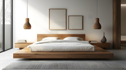 A minimalist bedroom with clean lines, a floating shelf as a headboard, and vintage lampshades adding warmth