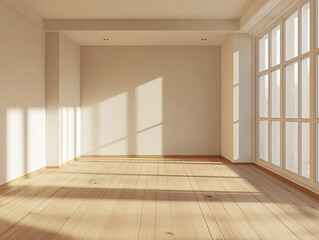 Fototapeta premium A bright, empty room with wooden floors, large windows, and sunlight streaming in, creating shadows on the floor and walls. 