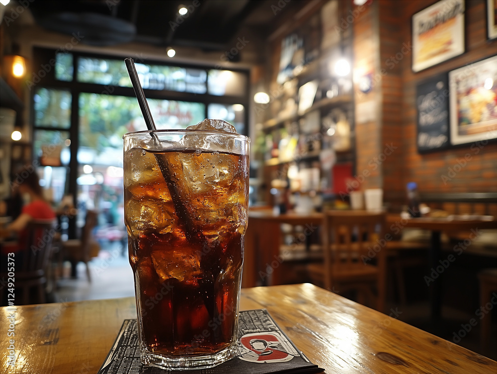 Wall mural Food image: fizzy cola with ice in a transparent glass.