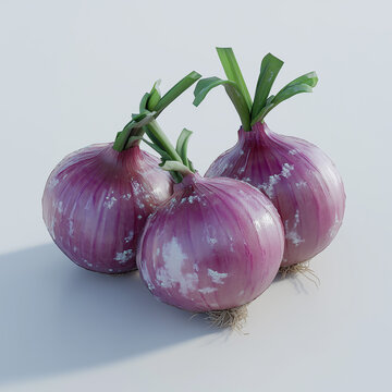 3 red onions on a plain white background